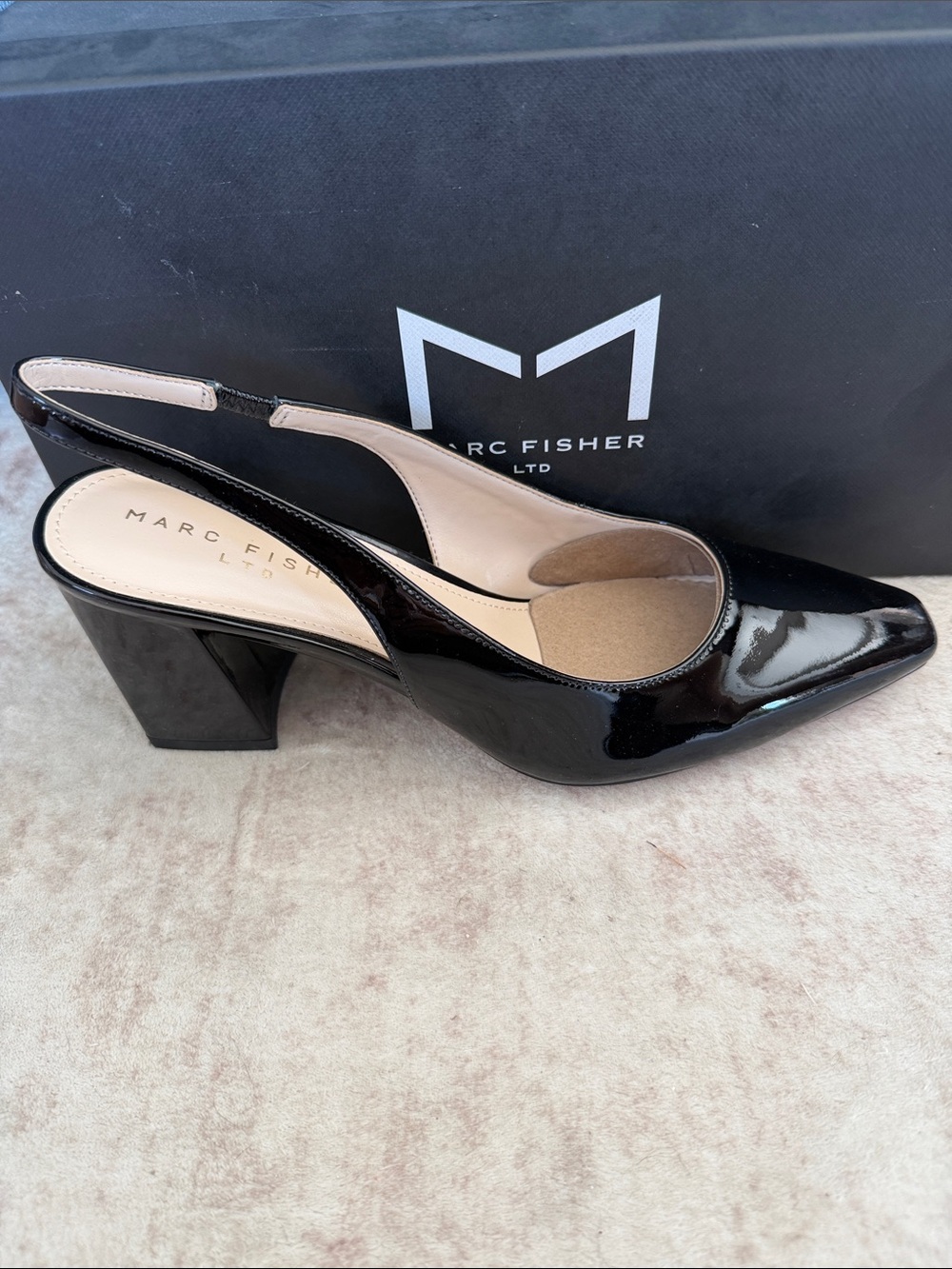 Marc Fisher Valinda Black Patent Slingback Block Heel